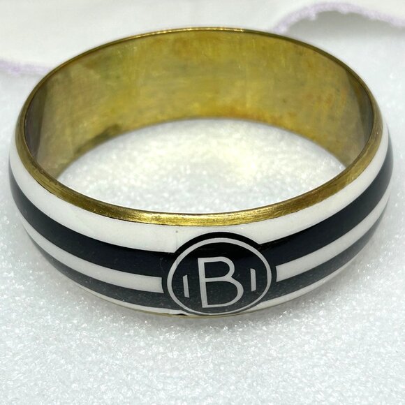 Vintage Black & White Striped Monogram "B" Bangle Bracelet w Gold Tone - Picture 1 of 7